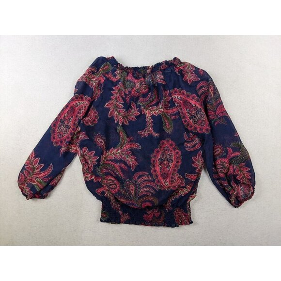 DAISY FUENTES - WOMEN'S SHEER BLUE & RED PRINT 3/4 SLEEVE PEASANT TOP - XS - Picture 5 of 5